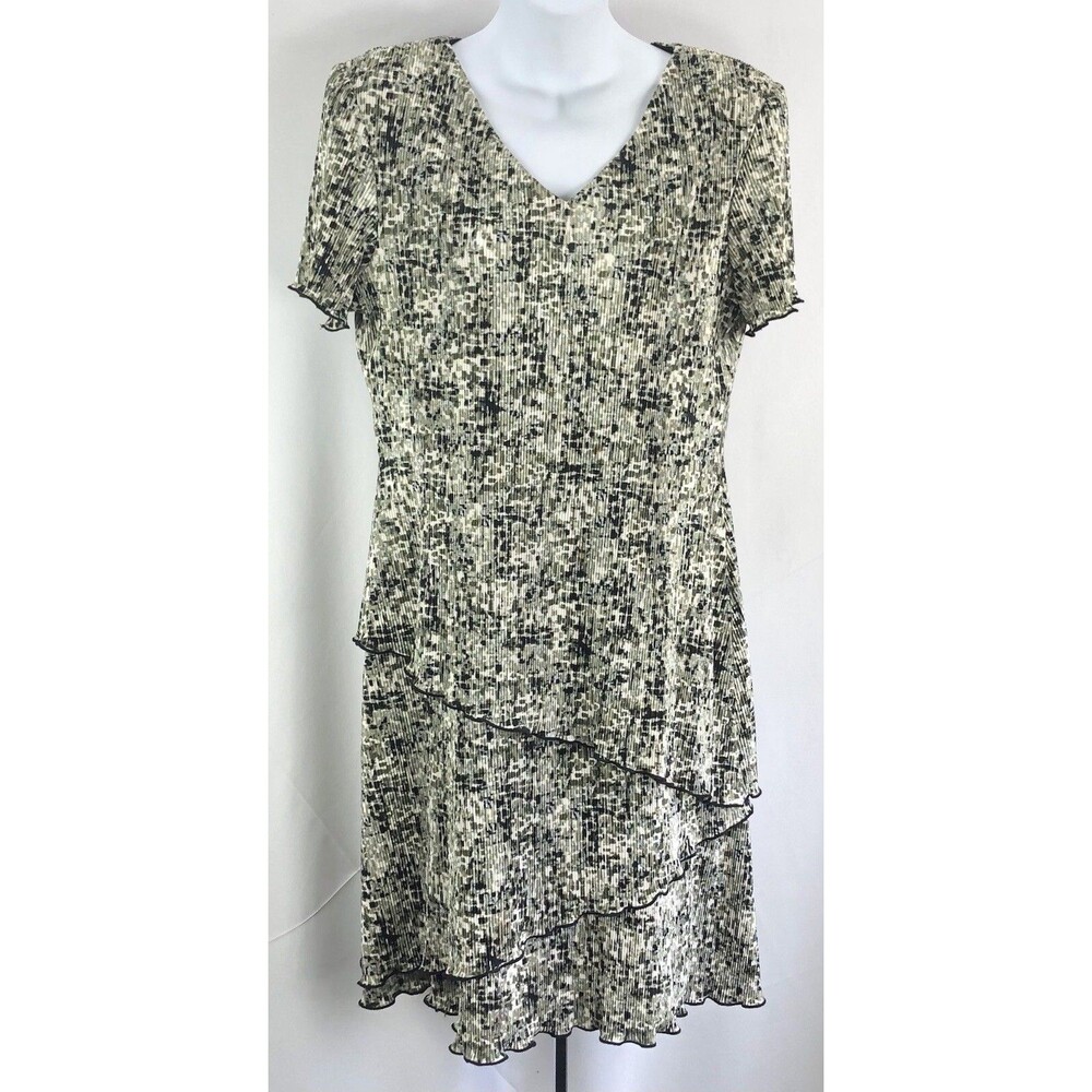 Connected apparel pleated silky dress 10 Blk Olive Geo Layered Ruffles V- Neck